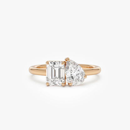 Lab Grown Emerald Cut & Pear Cut Diamond Engagement Ring | 1.50ctw 18k Gold Plated Toi Et Moi Ring | Luxury Wedding Bands for Men and Women | Lab Diamond Rings