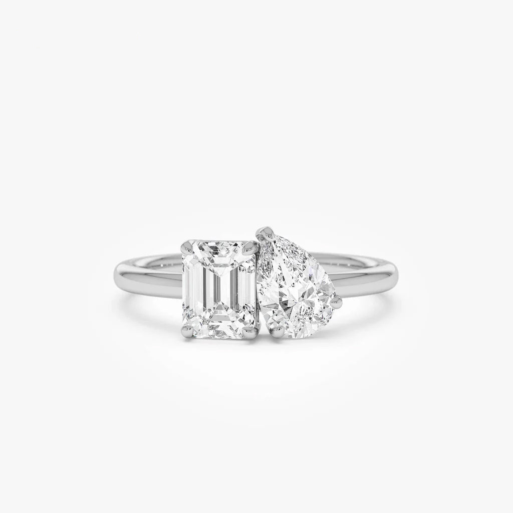 Lab Grown Emerald Cut & Pear Cut Diamond Engagement Ring | 1.50ctw 18k Gold Plated Toi Et Moi Ring | Luxury Wedding Bands for Men and Women | Lab Diamond Rings