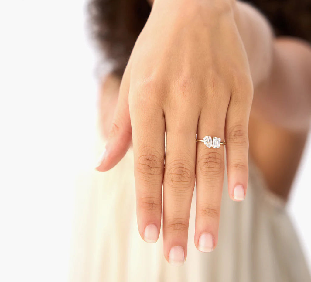 Lab Grown Emerald Cut & Pear Cut Diamond Engagement Ring | 1.50ctw 18k Gold Plated Toi Et Moi Ring | Luxury Wedding Bands for Men and Women | Lab Diamond Rings