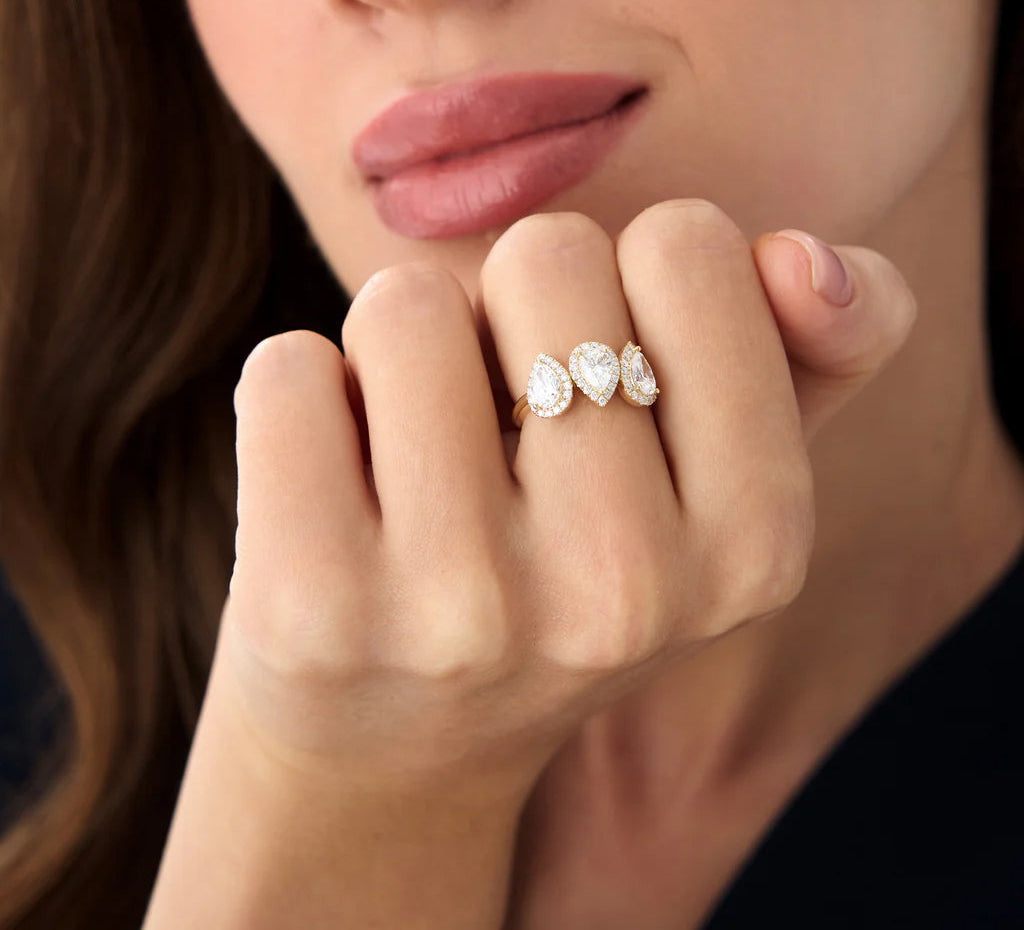 Lab Grown Pear Cut Diamond Halo Ring | 1.90ctw 18k Gold Engagement Wedding Band for Women