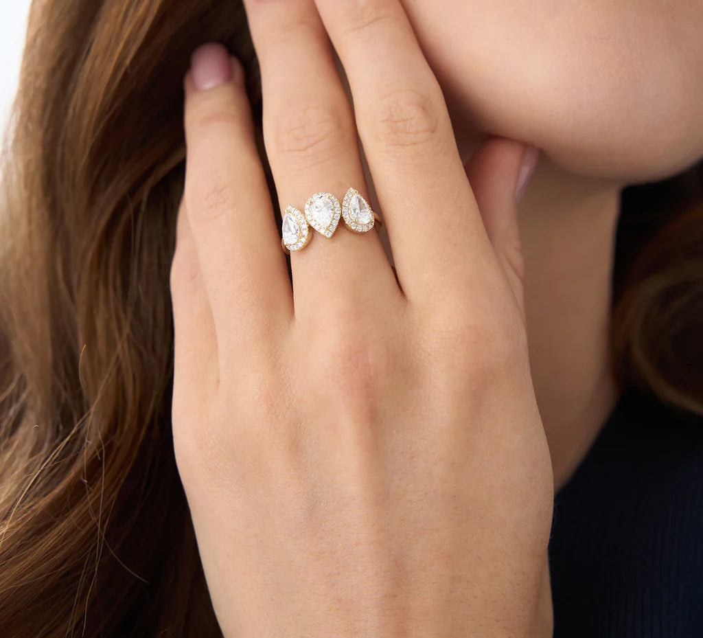 Lab Grown Pear Cut Diamond Halo Ring | 1.90ctw 18k Gold Engagement Wedding Band for Women