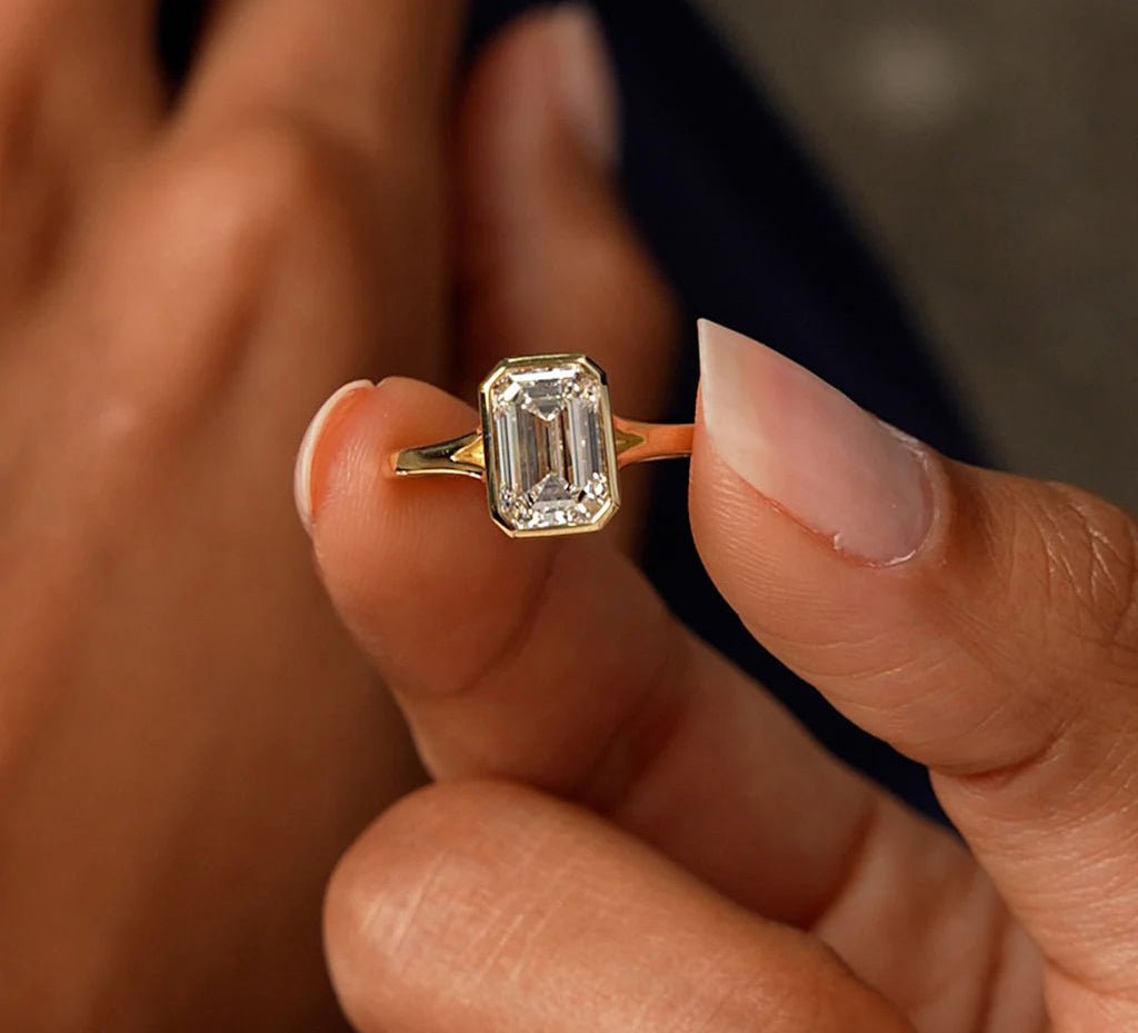 Lab Grown Emerald Cut Diamond Solitaire Ring | 18k Gold Bezel Setting for Women | Engagement, Wedding, Anniversary Rings
