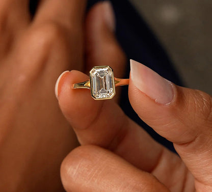 Lab Grown Emerald Cut Diamond Solitaire Ring | 18k Gold Bezel Setting for Women | Engagement, Wedding, Anniversary Rings