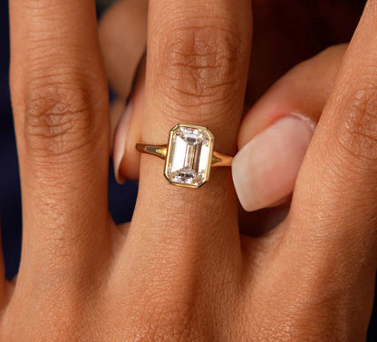 Lab Grown Emerald Cut Diamond Solitaire Ring | 18k Gold Bezel Setting for Women | Engagement, Wedding, Anniversary Rings