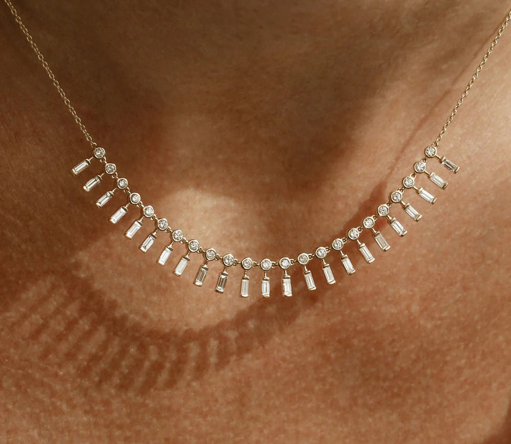 Diamond Baguette Round Pendant Necklace | 18k Gold Micro Insert for Women | Engagement Wedding Gift