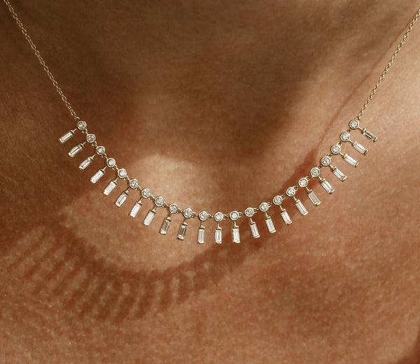 Diamond Baguette Round Pendant Necklace | 18k Gold Micro Insert for Women | Engagement Wedding Gift