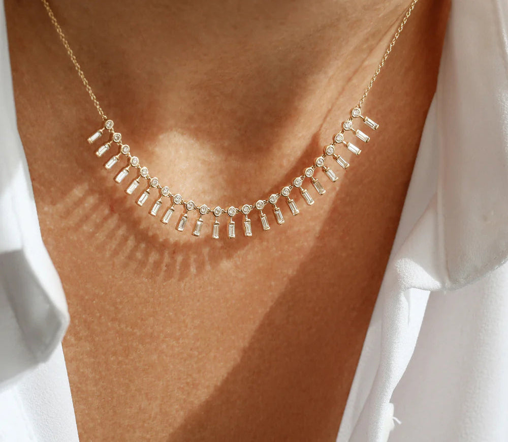 Diamond Baguette Round Pendant Necklace | 18k Gold Micro Insert for Women | Engagement Wedding Gift