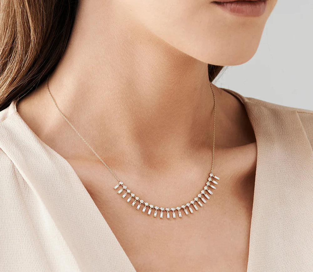 Diamond Baguette Round Pendant Necklace | 18k Gold Micro Insert for Women | Engagement Wedding Gift