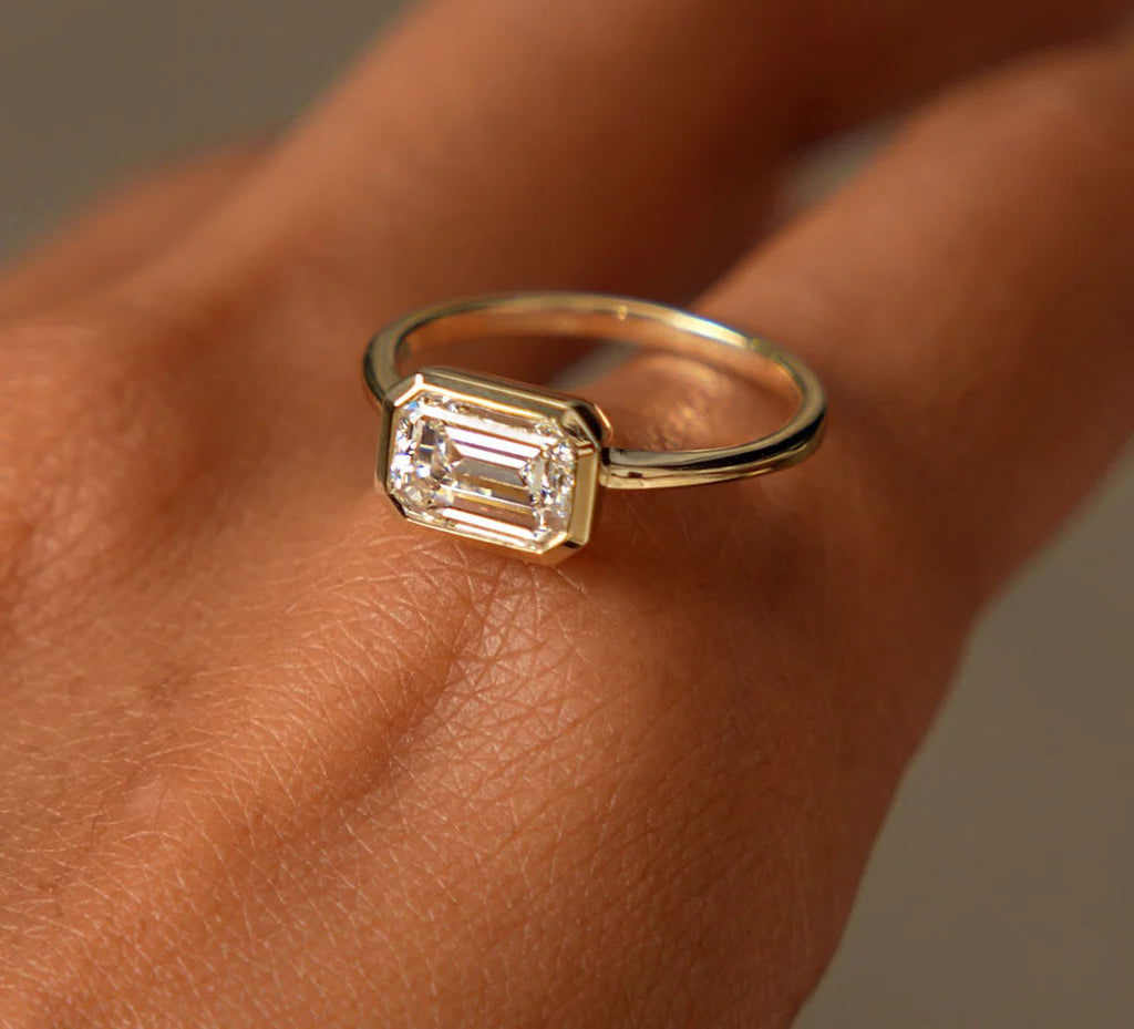 Lab Grown Emerald Cut Engagement Ring | 1.50ct East West Diamond & 18k Gold Bezel Setting Ring | Lab Grown Diamonds for Her and Him | Wedding Bands or Rings
