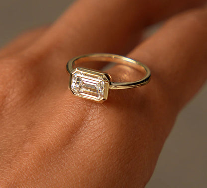 Lab Grown Emerald Cut Engagement Ring | 1.50ct East West Diamond & 18k Gold Bezel Setting Ring | Lab Grown Diamonds for Her and Him | Wedding Bands or Rings