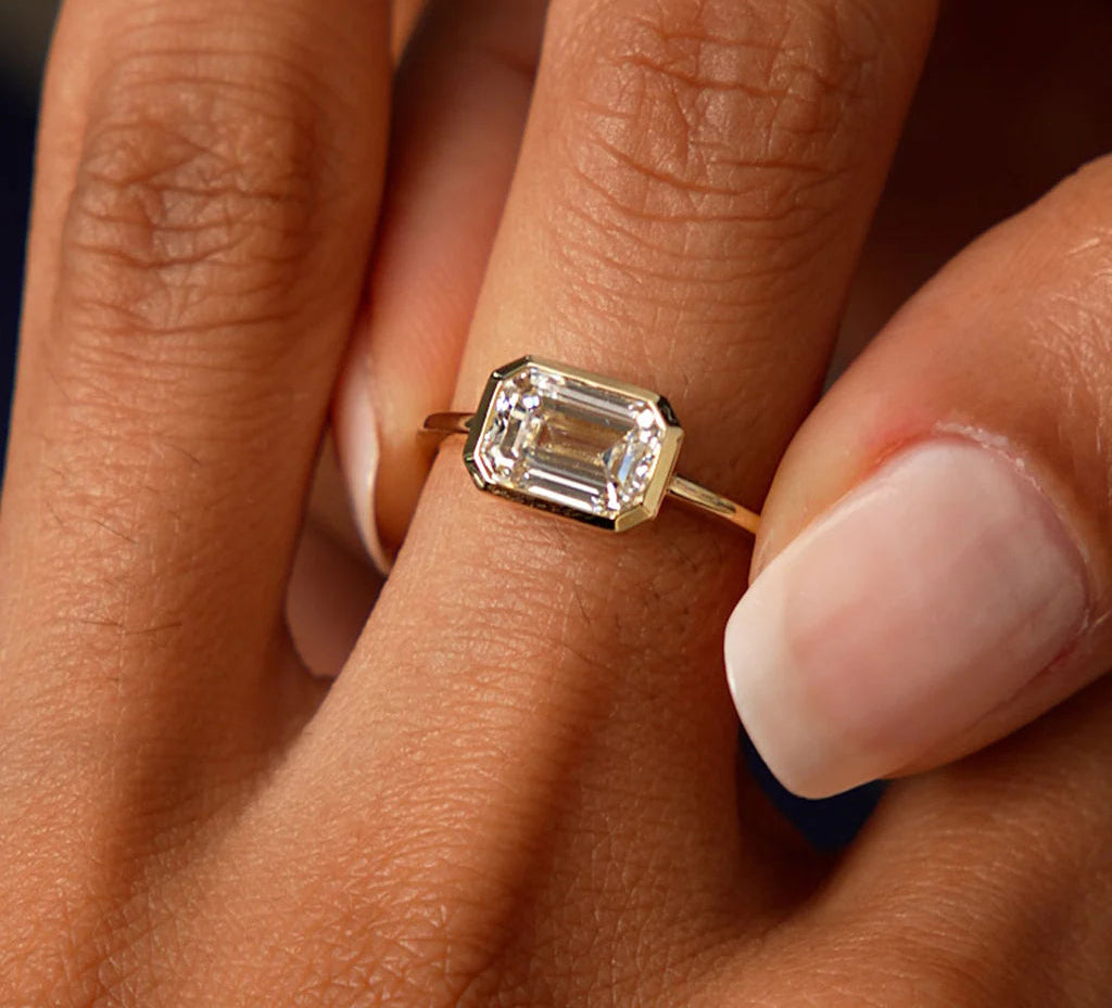 Lab Grown Emerald Cut Engagement Ring | 1.50ct East West Diamond & 18k Gold Bezel Setting Ring | Lab Grown Diamonds for Her and Him | Wedding Bands or Rings