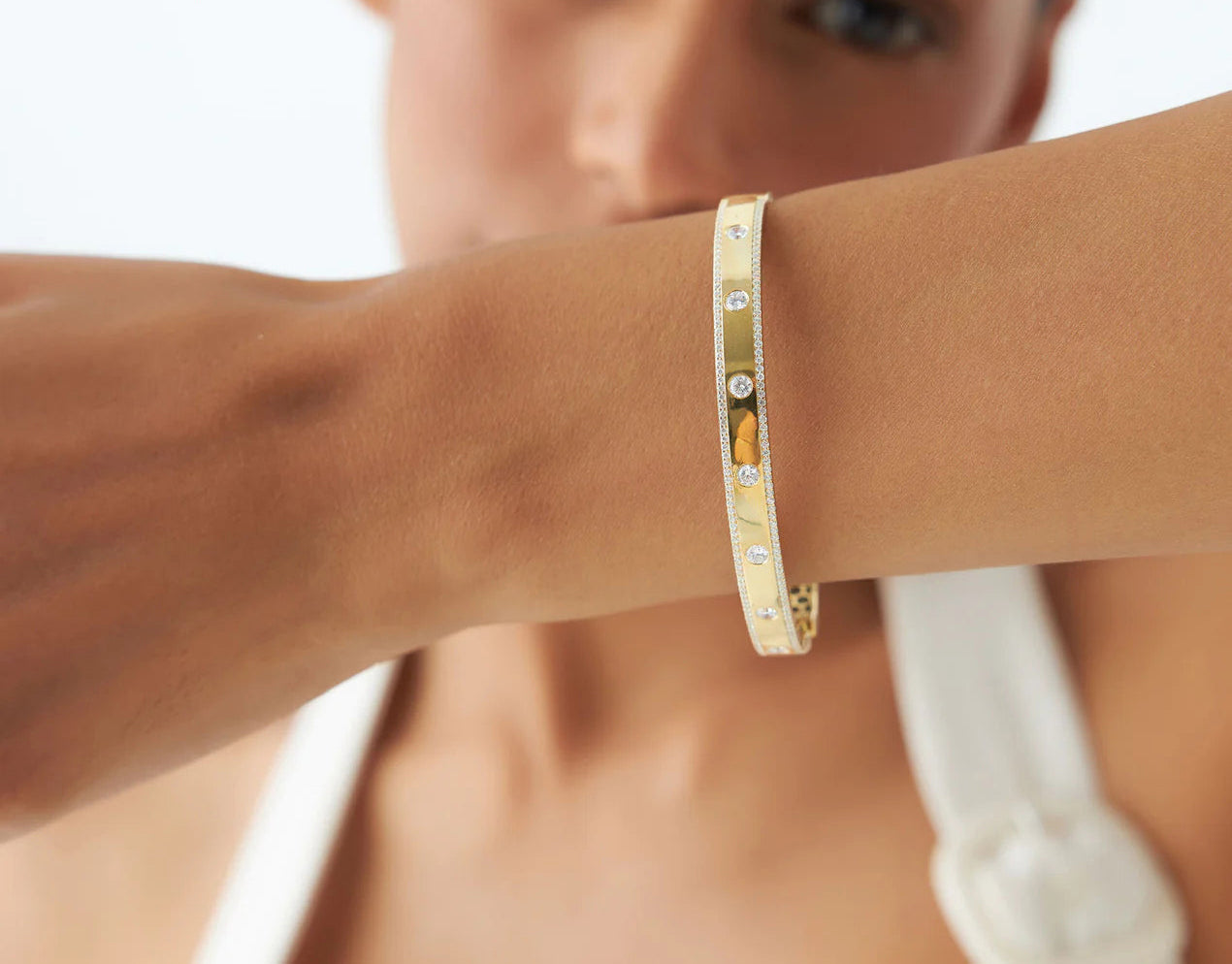 Diamond Round Brilliant Cut Bangle Bracelet | Lab Grown Diamonds & 18k Gold Plated Bangle | Trendy Gift for Women, Men & Children