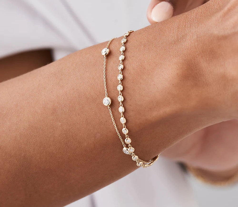 Diamond Round Brilliant Cut Charm Bracelet | 18k Gold Plated & Micro Inlay | Gift for Women and Men | Classic Jewelry | Wedding Anniversary | H Color White Diamond