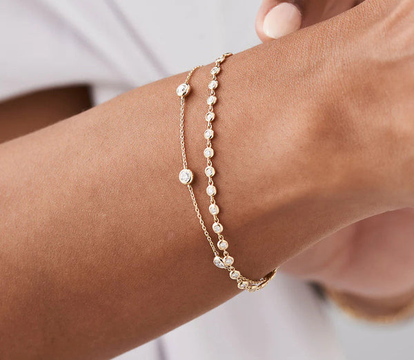 Diamond Round Brilliant Cut Charm Bracelet | 18k Gold Plated & Micro Inlay | Gift for Women and Men | Classic Jewelry | Wedding Anniversary | H Color White Diamond