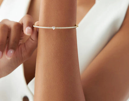 Diamond Heart & Round Brilliant Cut Bangle Bracelet | 18k Gold Plated Minimalist Bangles for Women, Men & Children