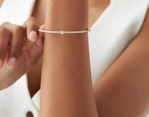 Diamond Heart & Round Brilliant Cut Bangle Bracelet | 18k Gold Plated Minimalist Bangles for Women, Men & Children