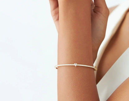 Diamond Heart & Round Brilliant Cut Bangle Bracelet | 18k Gold Plated Minimalist Bangles for Women, Men & Children