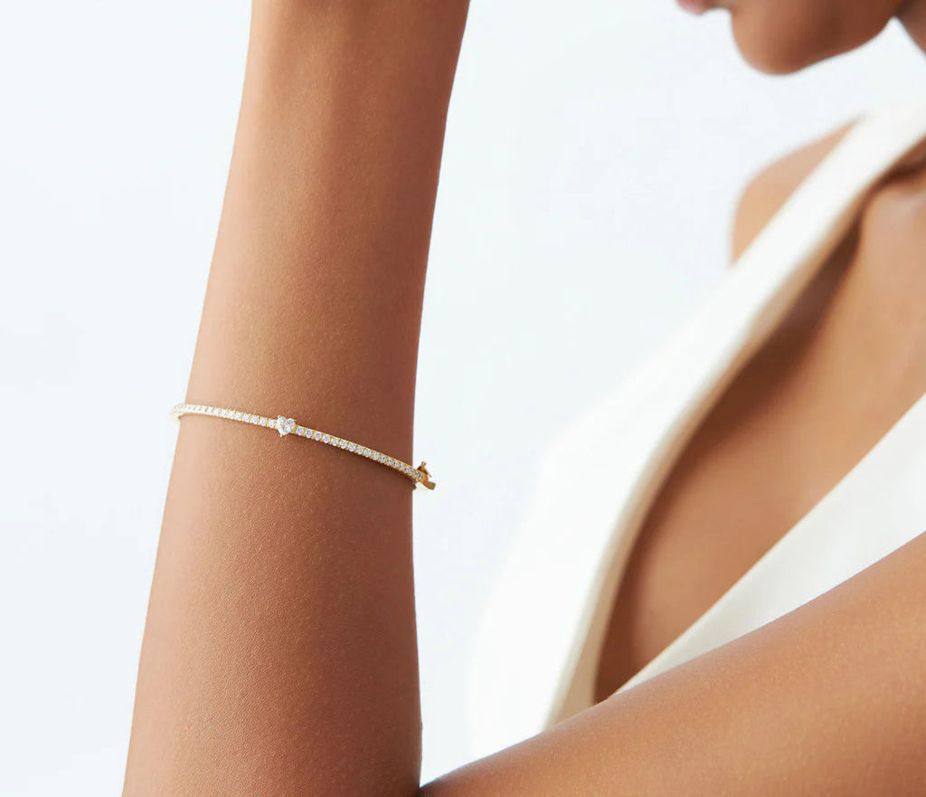 Diamond Heart & Round Brilliant Cut Bangle Bracelet | 18k Gold Plated Minimalist Bangles for Women, Men & Children