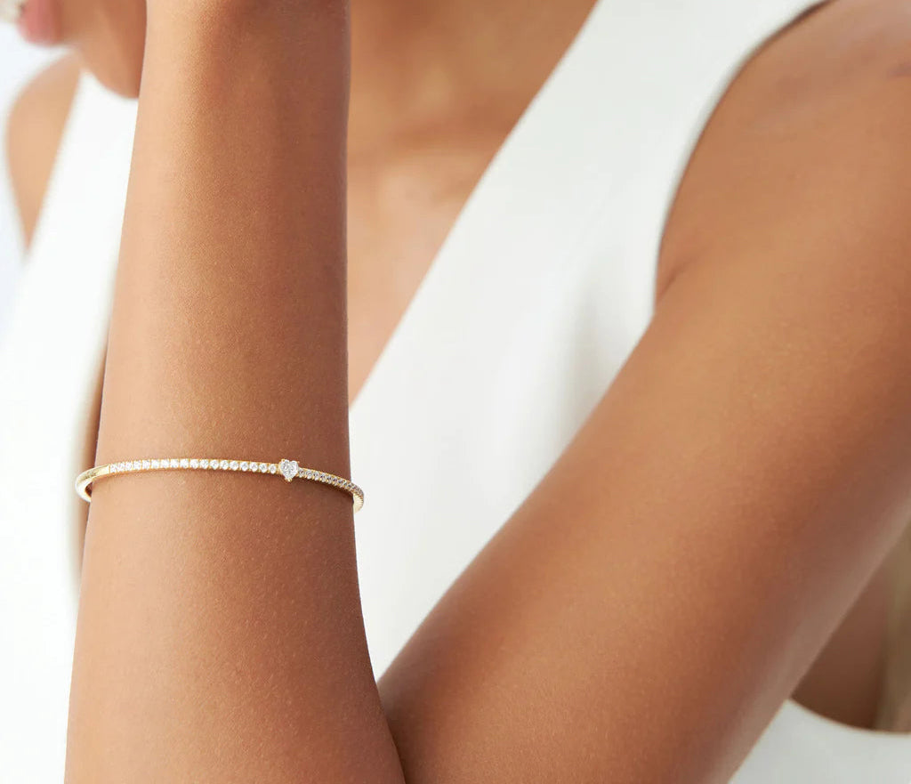 Diamond Heart & Round Brilliant Cut Bangle Bracelet | 18k Gold Plated Minimalist Bangles for Women, Men & Children