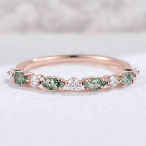 Xaelawen 0.13 Carat Marquise Half Eternity Moss Agate Band in 18K Rose Gold