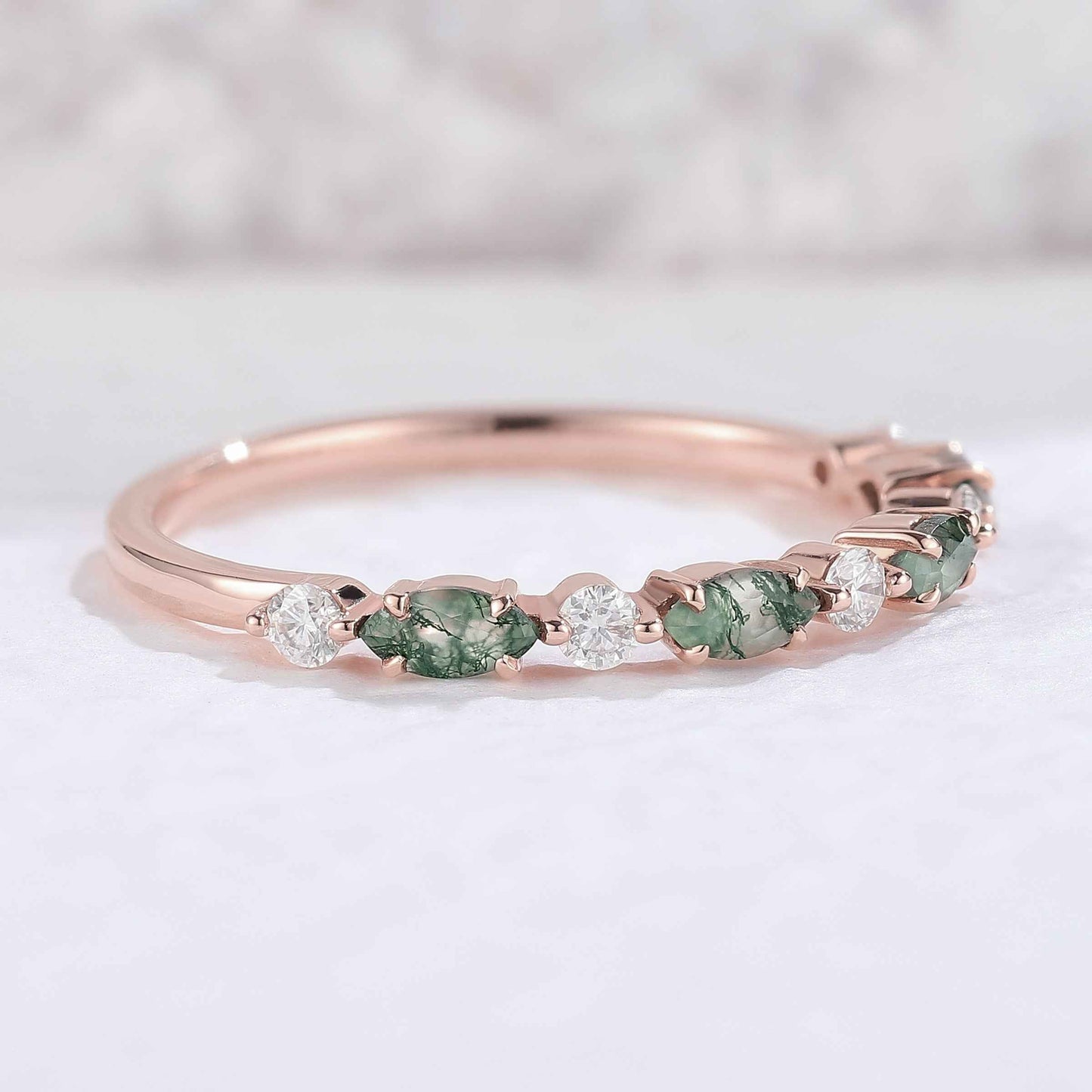 Xaelawen 0.13 Carat Marquise Half Eternity Moss Agate Band in 18K Rose Gold