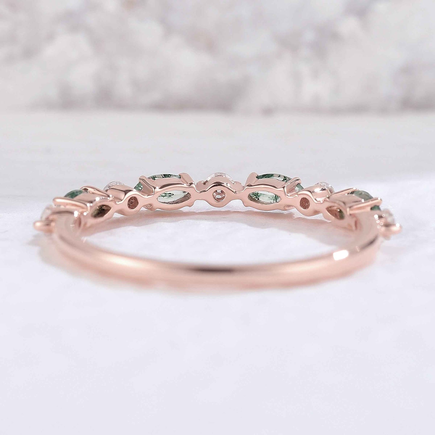 Xaelawen 0.13 Carat Marquise Half Eternity Moss Agate Band in 18K Rose Gold