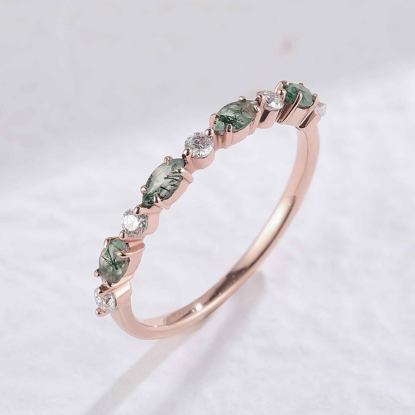 Xaelawen 0.13 Carat Marquise Half Eternity Moss Agate Band in 18K Rose Gold