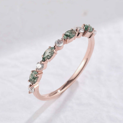 Xaelawen 0.13 Carat Marquise Half Eternity Moss Agate Band in 18K Rose Gold