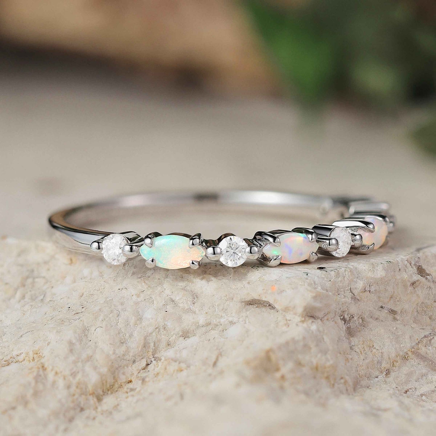 Xaelawen 0.13 Carat Marquise Half Eternity Moss Agate Band in 18K Rose Gold