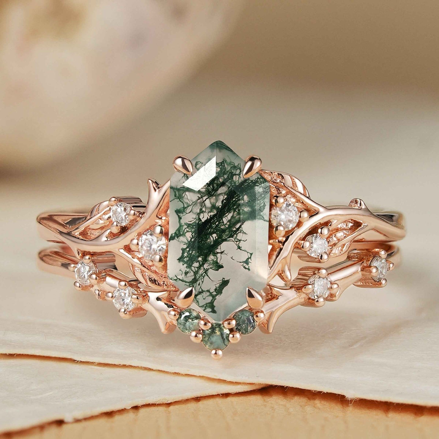 Thaloriel 1 Carat Hexagonal Stackable Moss Agate Ring Set in 925 Silver