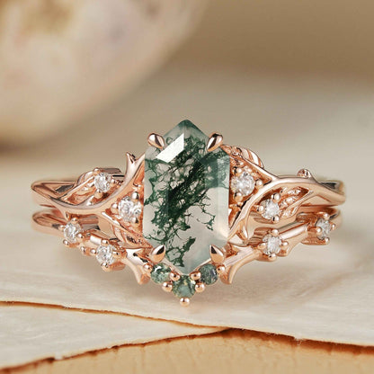 Thaloriel 1 Carat Hexagonal Stackable Moss Agate Ring Set in 925 Silver