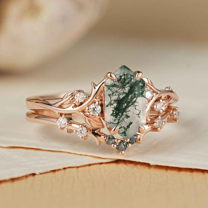Thaloriel 1 Carat Hexagonal Stackable Moss Agate Ring Set in 925 Silver