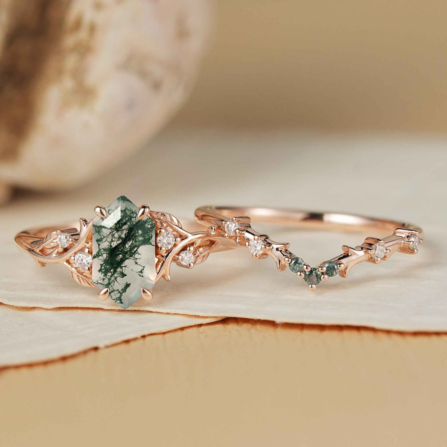 Thaloriel 1 Carat Hexagonal Stackable Moss Agate Ring Set in 925 Silver