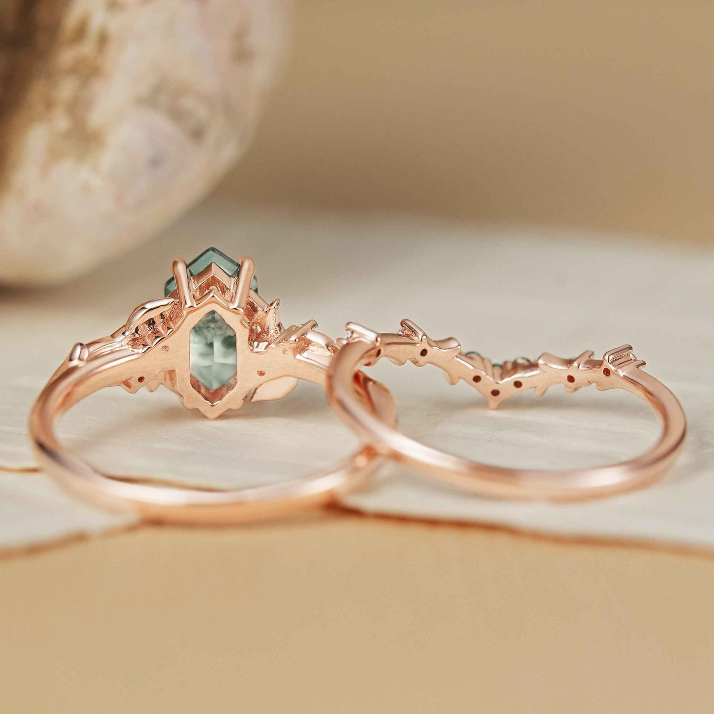 Thaloriel 1 Carat Hexagonal Stackable Moss Agate Ring Set in 925 Silver
