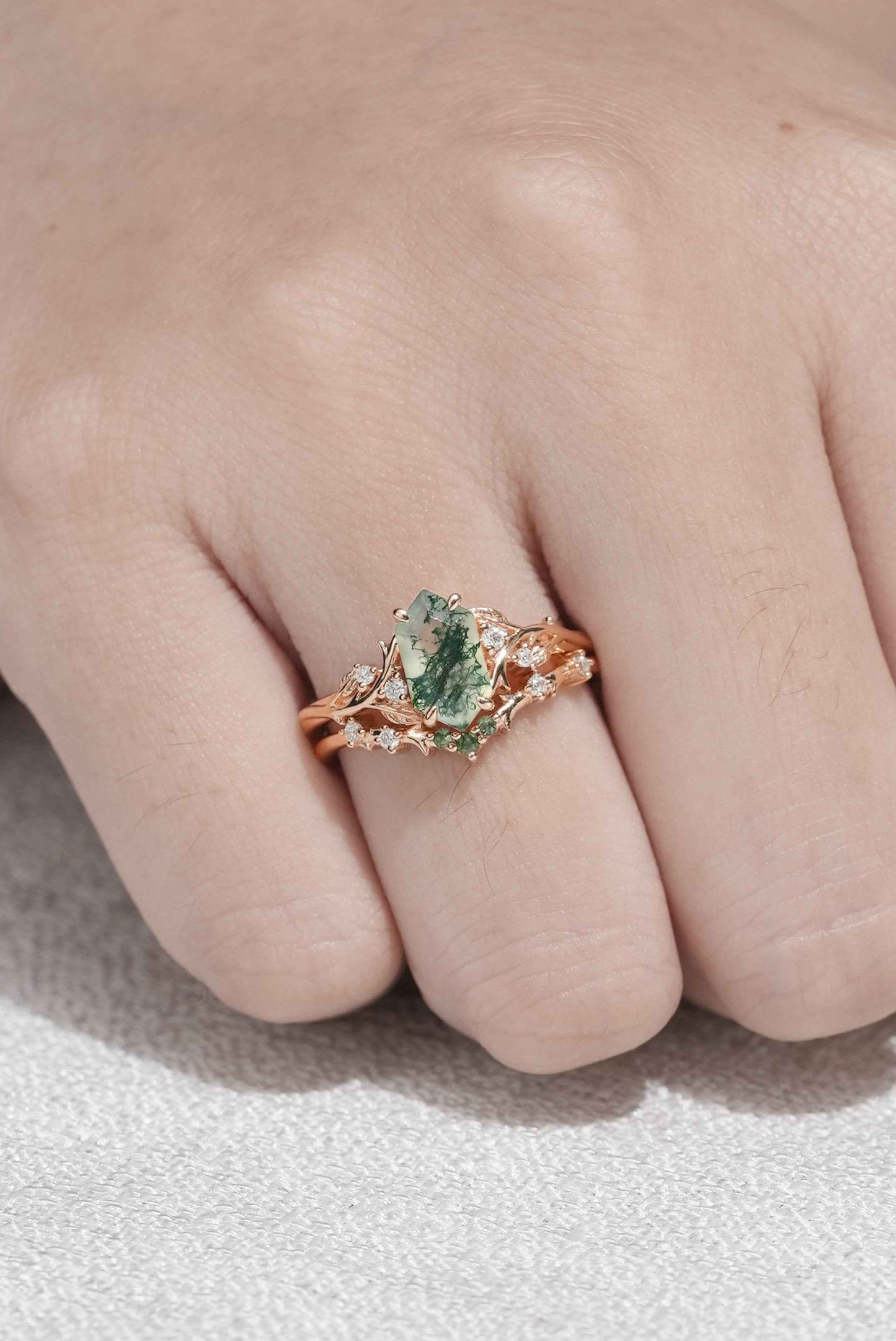 Thaloriel 1 Carat Hexagonal Stackable Moss Agate Ring Set in 925 Silver