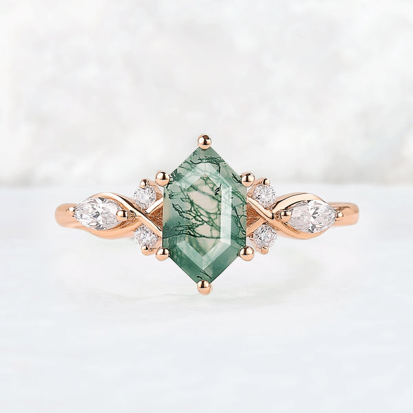 Haldoria 1 Carat Hexagonal Solitaire Moss Agate Ring in 925 Silver