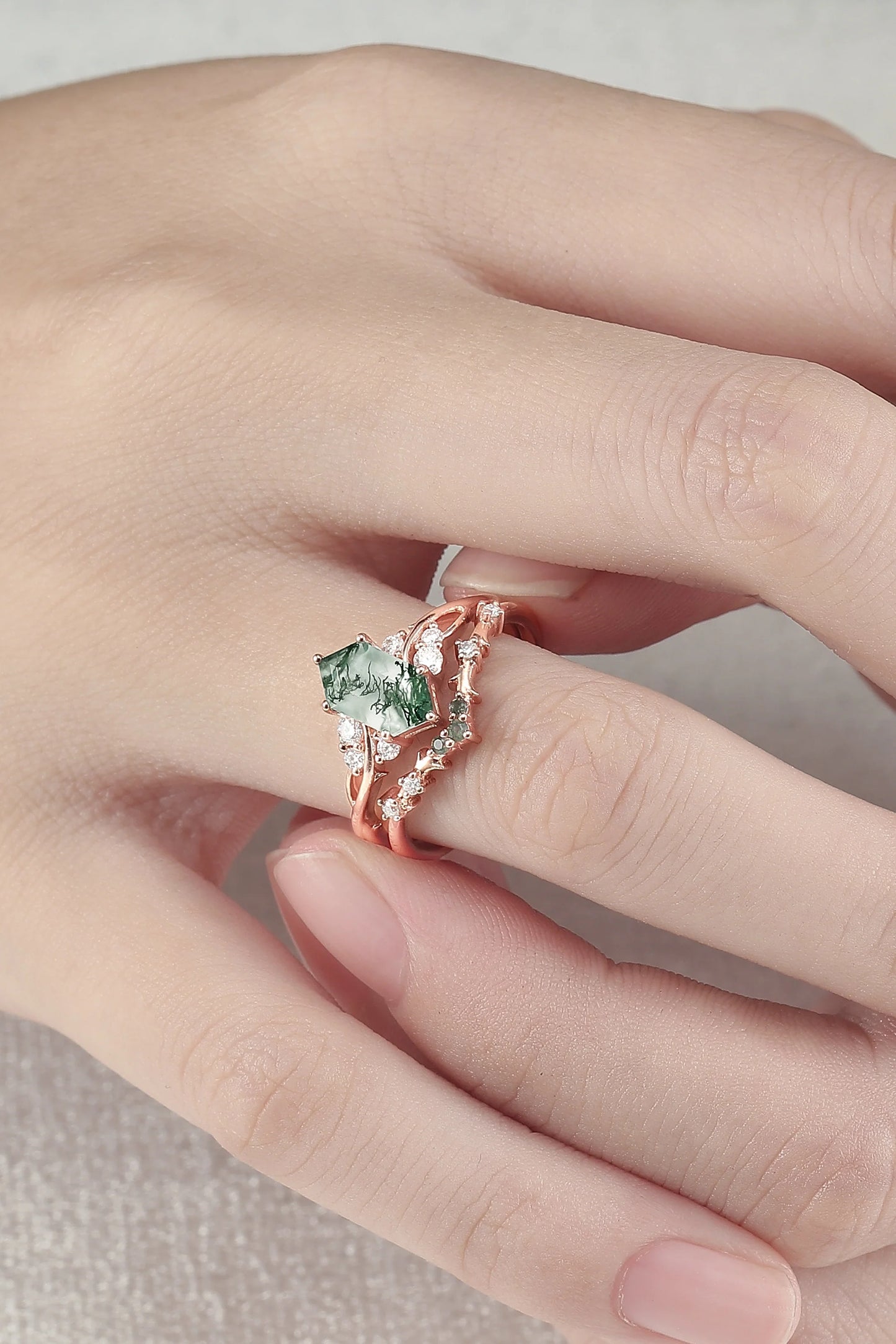 Baralyn 1 Carat Hexagonal Stackable Moss Agate Ring Set in 925 Silver