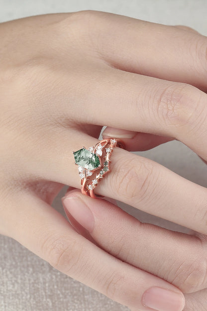 Baralyn 1 Carat Hexagonal Stackable Moss Agate Ring Set in 925 Silver