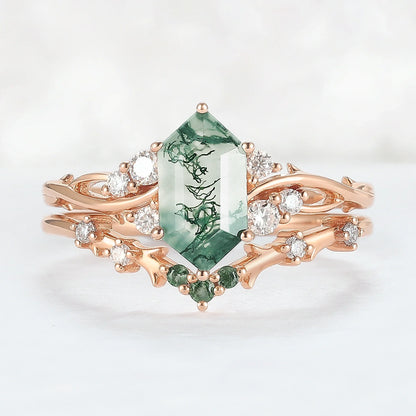 Baralyn 1 Carat Hexagonal Stackable Moss Agate Ring Set in 925 Silver