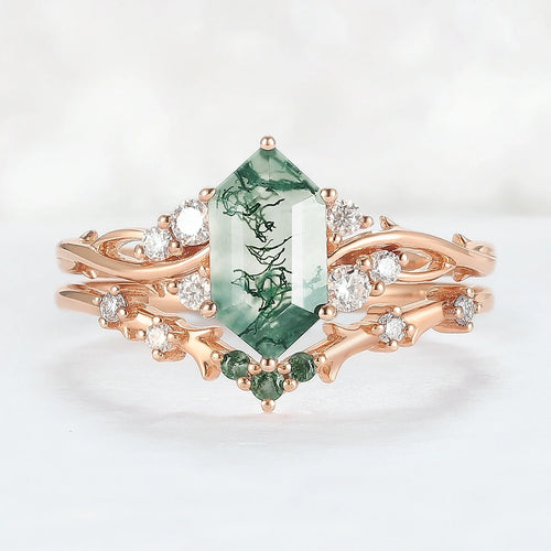 Baralyn 1 Carat Hexagonal Stackable Moss Agate Ring Set in 925 Silver
