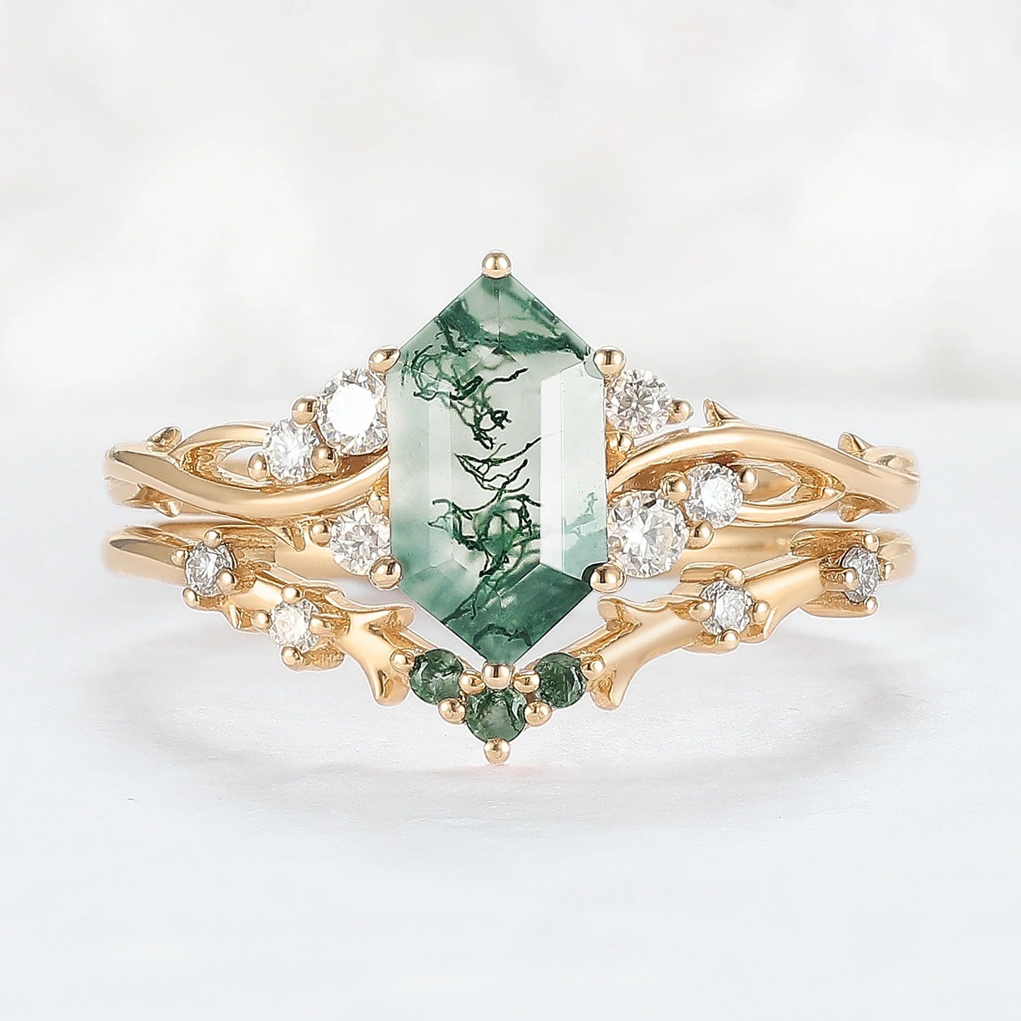 Baralyn 1 Carat Hexagonal Stackable Moss Agate Ring Set in 925 Silver