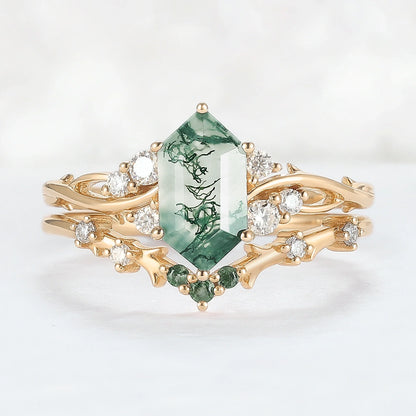 Baralyn 1 Carat Hexagonal Stackable Moss Agate Ring Set in 925 Silver