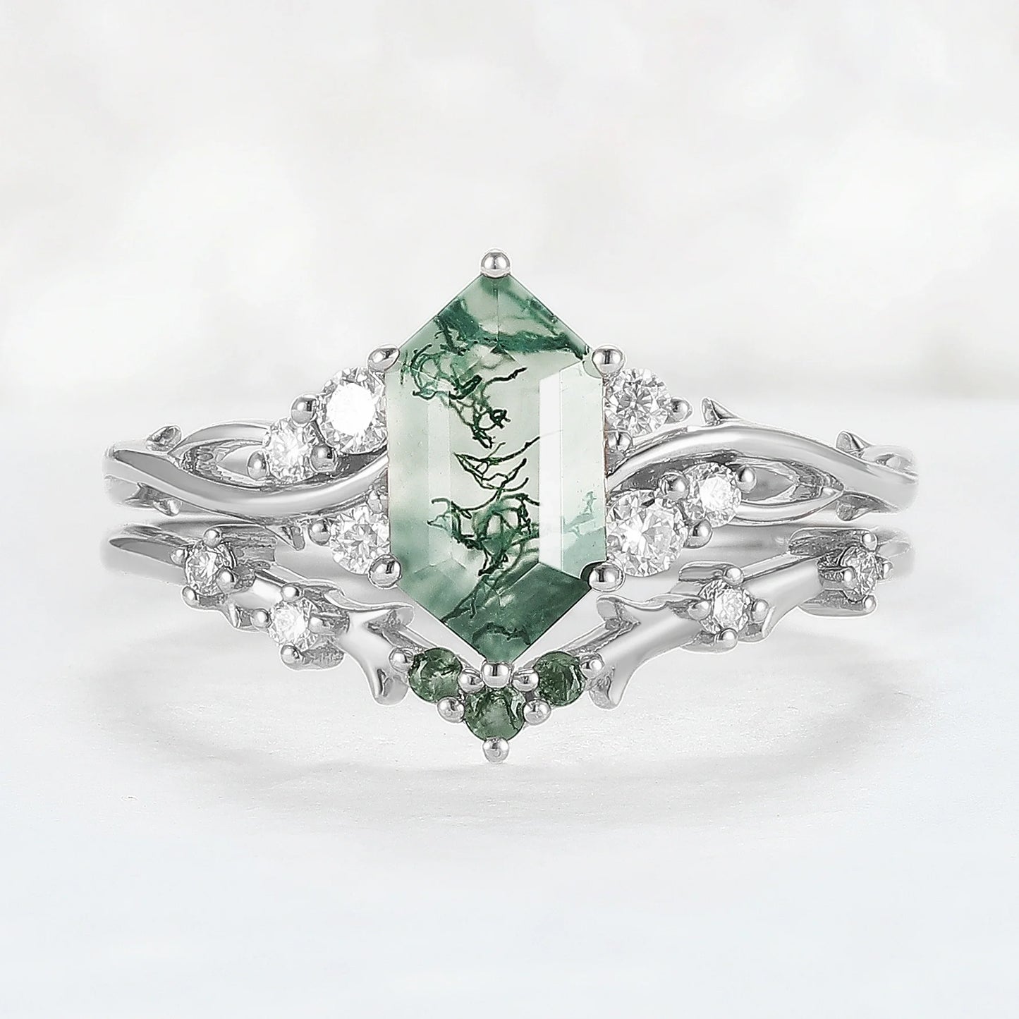 Baralyn 1 Carat Hexagonal Stackable Moss Agate Ring Set in 925 Silver