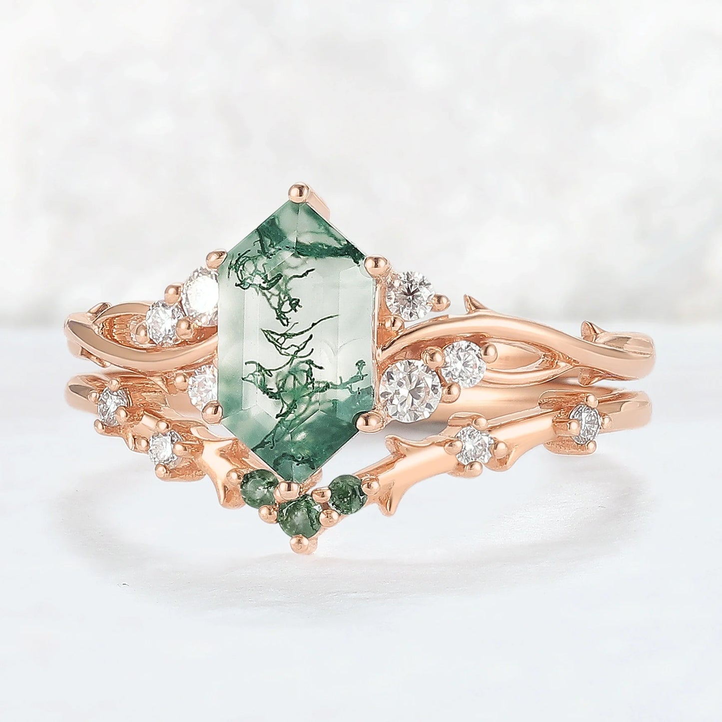 Baralyn 1 Carat Hexagonal Stackable Moss Agate Ring Set in 925 Silver