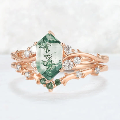Baralyn 1 Carat Hexagonal Stackable Moss Agate Ring Set in 925 Silver