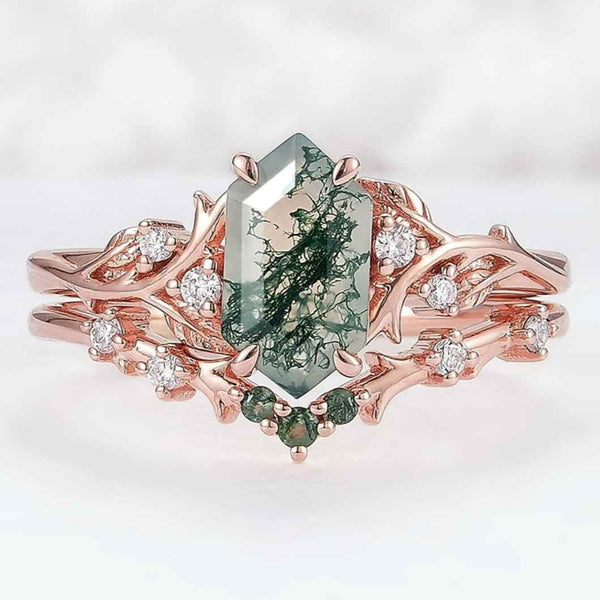 Thaloriel 1 Carat Hexagonal Stackable Moss Agate Ring Set in 925 Silver