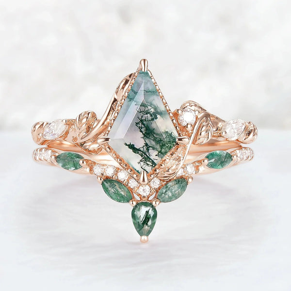 Quelindra 1.2 Carat Kite Stackable Moss Agate Ring Set in 925 Silver