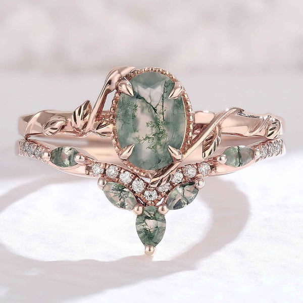 Ilarawen 1 Carat Oval Stackable Moss Agate Ring Set in 18K Rose Gold