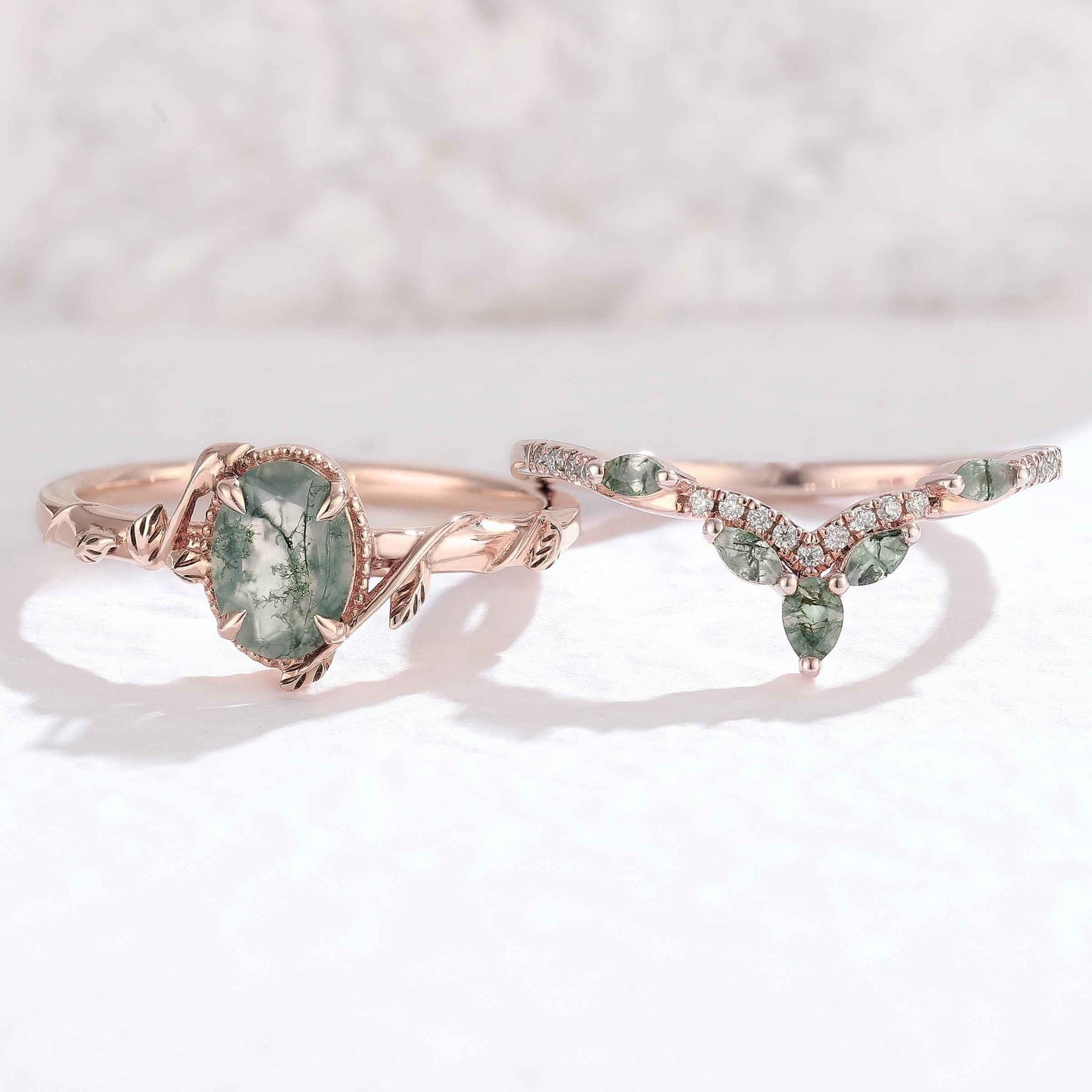 Ilarawen 1 Carat Oval Stackable Moss Agate Ring Set in 18K Rose Gold