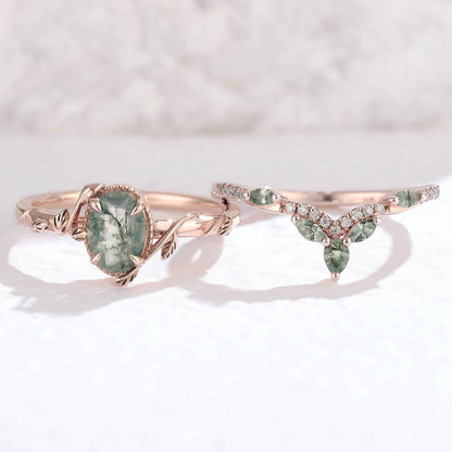 Ilarawen 1 Carat Oval Stackable Moss Agate Ring Set in 18K Rose Gold
